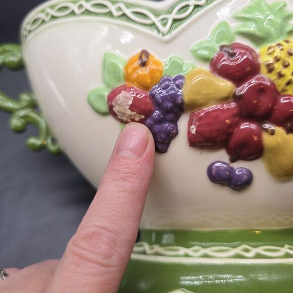 Vintage Porcelain Double Handle Jardiniere Planter Fruit MCM Footed - Picture 10 of 16